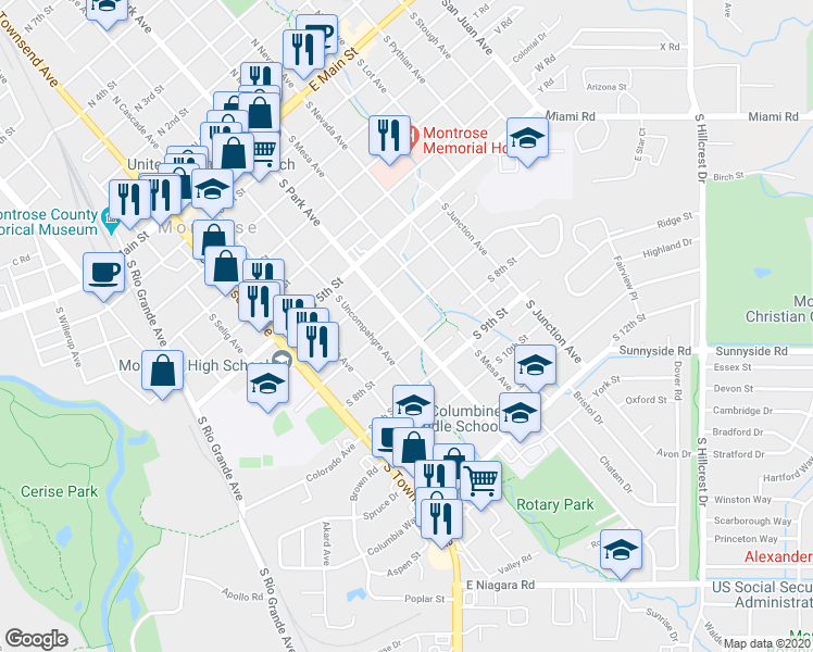 map of restaurants, bars, coffee shops, grocery stores, and more near 726 South Park Avenue in Montrose
