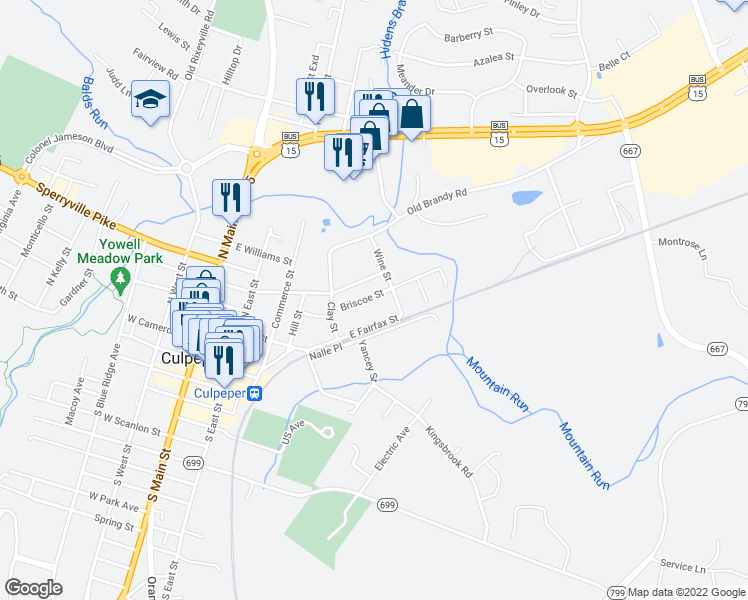 map of restaurants, bars, coffee shops, grocery stores, and more near 801 Briscoe Street in Culpeper