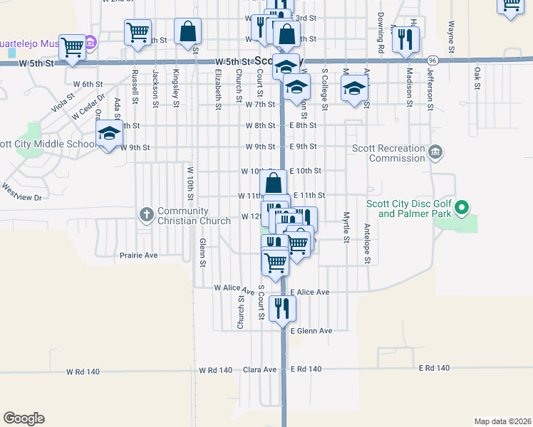 map of restaurants, bars, coffee shops, grocery stores, and more near 1200-1232 South Court Street in Scott City