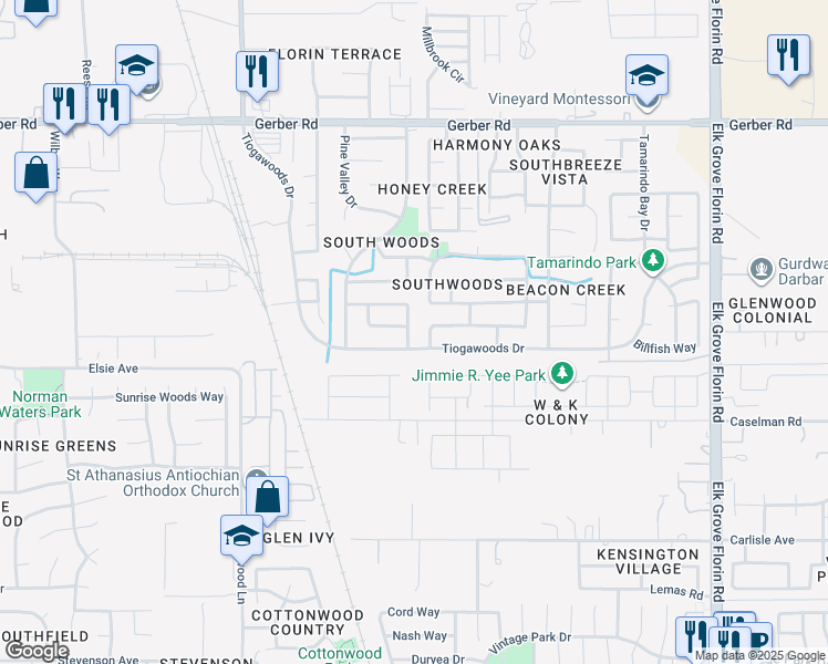 map of restaurants, bars, coffee shops, grocery stores, and more near 8643 Crystal River Way in Sacramento