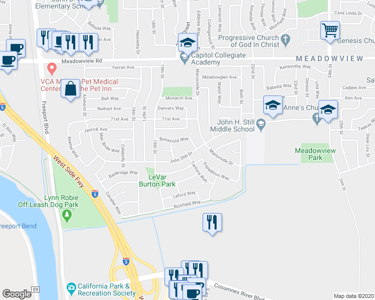 map of restaurants, bars, coffee shops, grocery stores, and more near 5 Maccan Court in Sacramento
