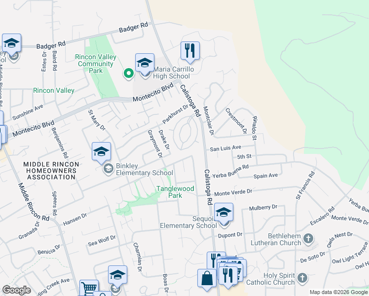 map of restaurants, bars, coffee shops, grocery stores, and more near 81 Coronado Circle in Santa Rosa