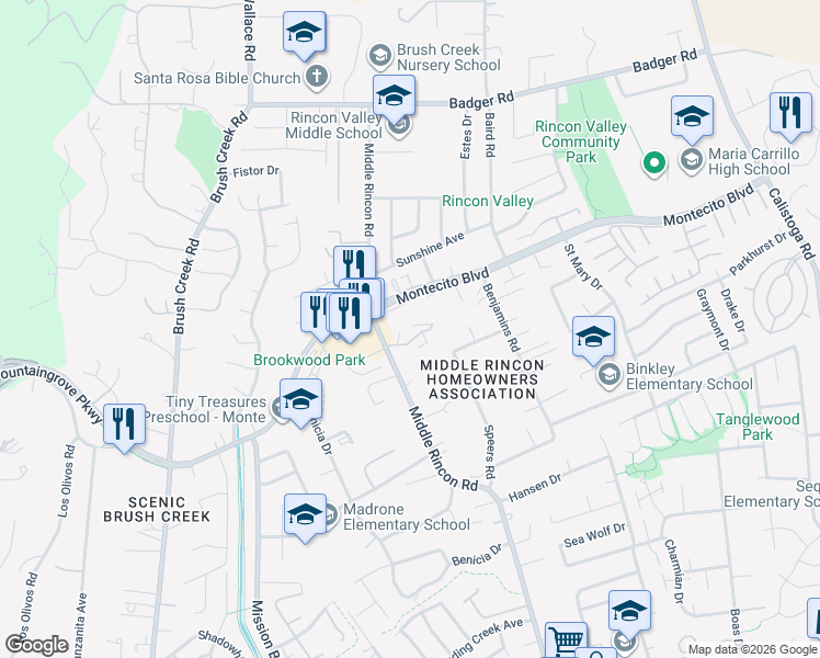 map of restaurants, bars, coffee shops, grocery stores, and more near 7 Redwood Court in Santa Rosa