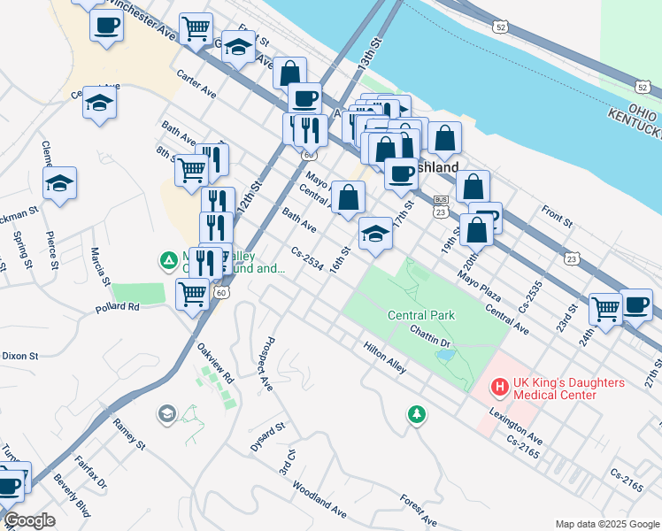 map of restaurants, bars, coffee shops, grocery stores, and more near 1520 Montgomery Avenue in Ashland