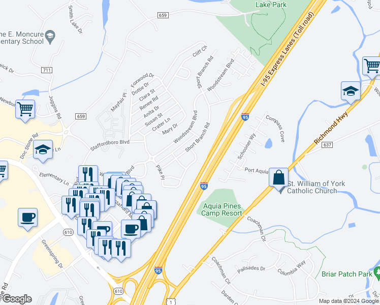 map of restaurants, bars, coffee shops, grocery stores, and more near 46 Short Branch Road in Stafford