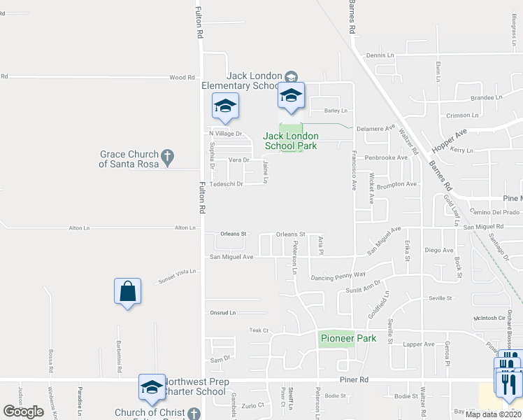 map of restaurants, bars, coffee shops, grocery stores, and more near 2220 Fulton Rd in Santa Rosa