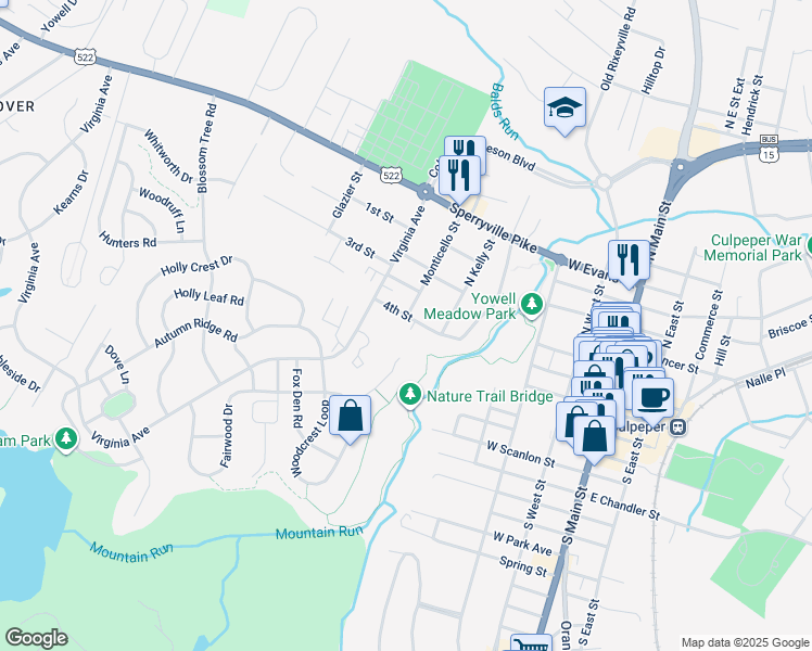 map of restaurants, bars, coffee shops, grocery stores, and more near 545 4th Street in Culpeper