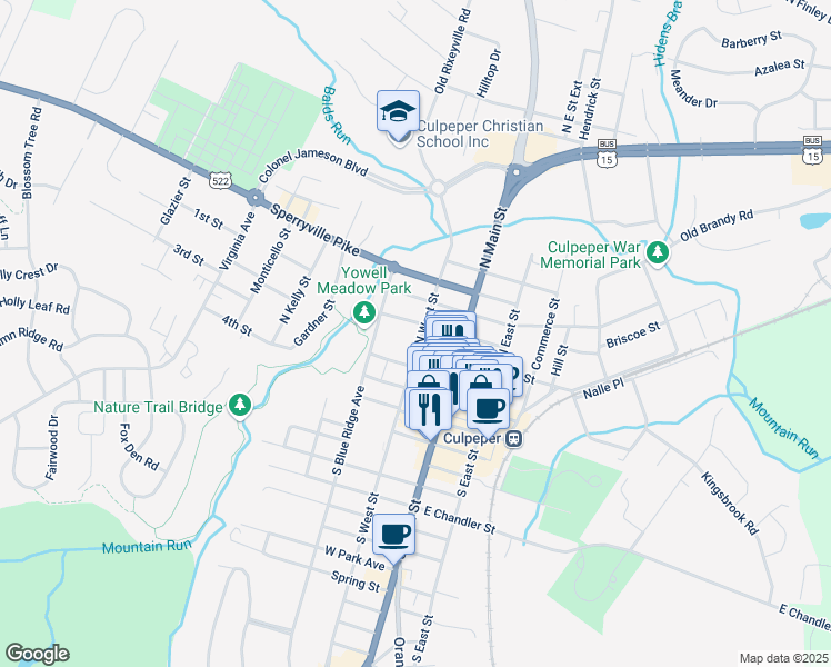 map of restaurants, bars, coffee shops, grocery stores, and more near 306 North West Street in Culpeper
