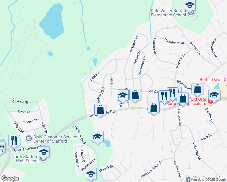 map of restaurants, bars, coffee shops, grocery stores, and more near 109 Lark Lane in Stafford