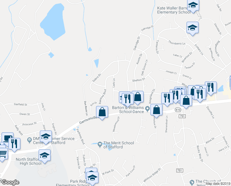 map of restaurants, bars, coffee shops, grocery stores, and more near 109 Lark Lane in Stafford