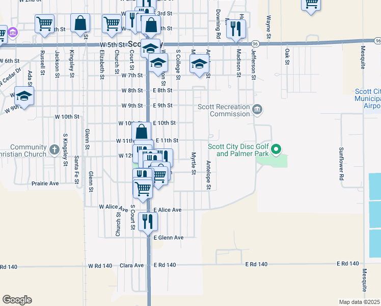 map of restaurants, bars, coffee shops, grocery stores, and more near East 12th Street in Scott City
