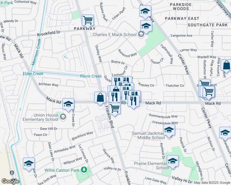 map of restaurants, bars, coffee shops, grocery stores, and more near 4561 Mack Road in Sacramento