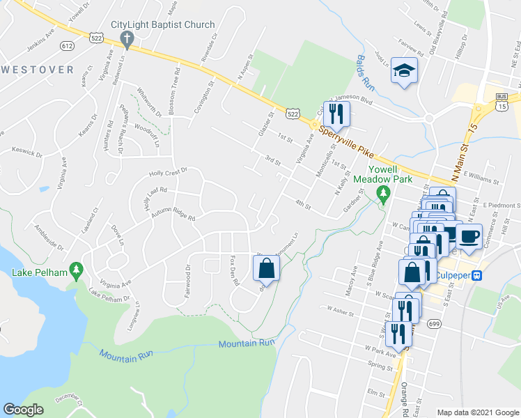 map of restaurants, bars, coffee shops, grocery stores, and more near Colonels Court in Culpeper