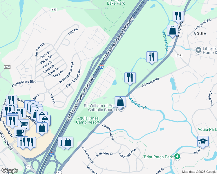 map of restaurants, bars, coffee shops, grocery stores, and more near 207 Tradewinds Terrace in Stafford