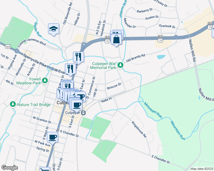 map of restaurants, bars, coffee shops, grocery stores, and more near 601 East Piedmont Street in Culpeper
