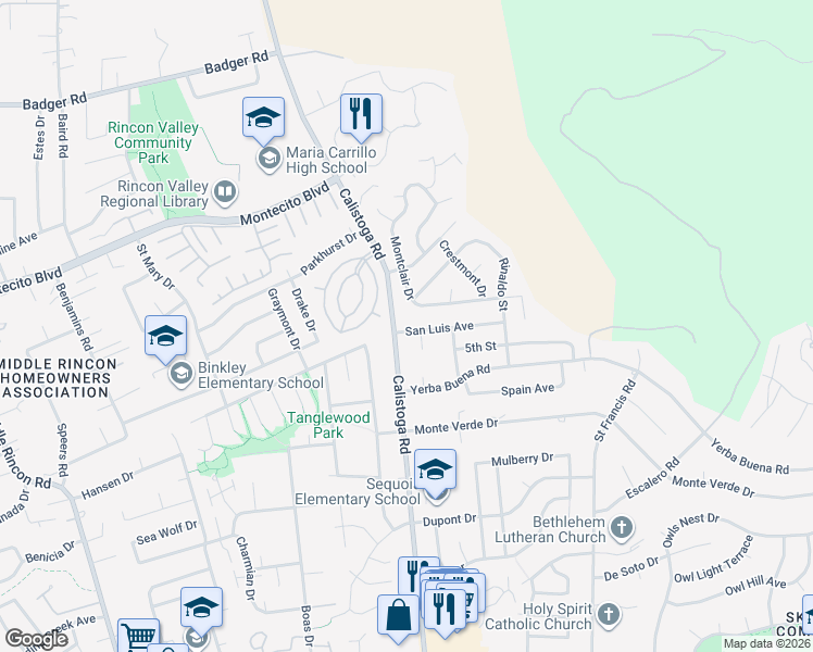 map of restaurants, bars, coffee shops, grocery stores, and more near 5209 San Luis Avenue in Santa Rosa