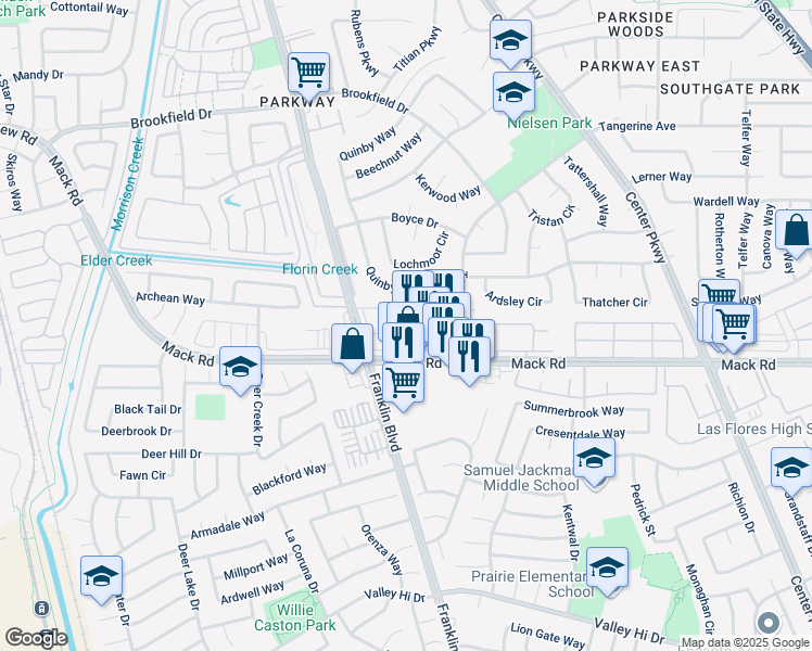map of restaurants, bars, coffee shops, grocery stores, and more near 4561 Mack Road in Sacramento