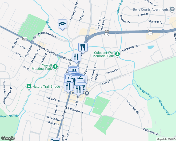 map of restaurants, bars, coffee shops, grocery stores, and more near 205 East Piedmont Street in Culpeper