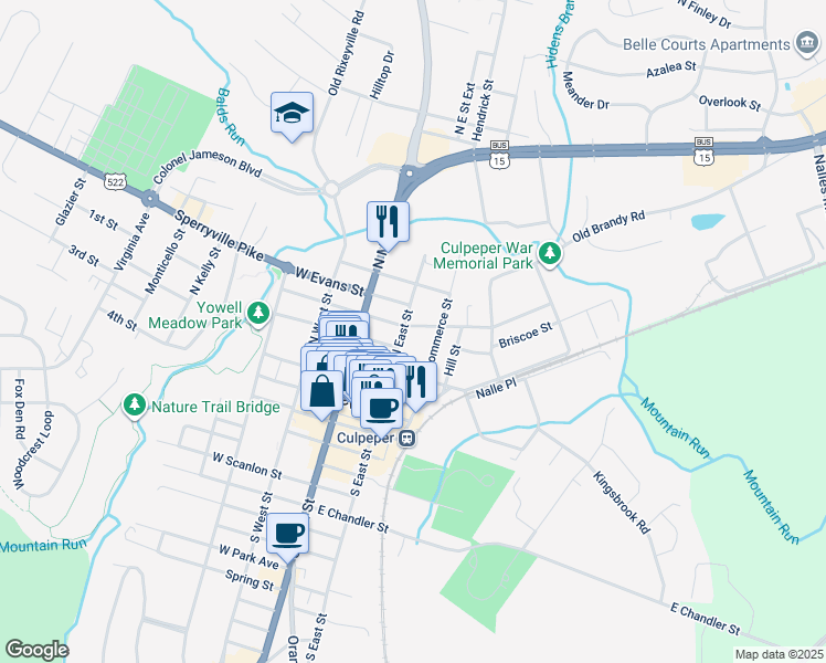 map of restaurants, bars, coffee shops, grocery stores, and more near 205 East Piedmont Street in Culpeper