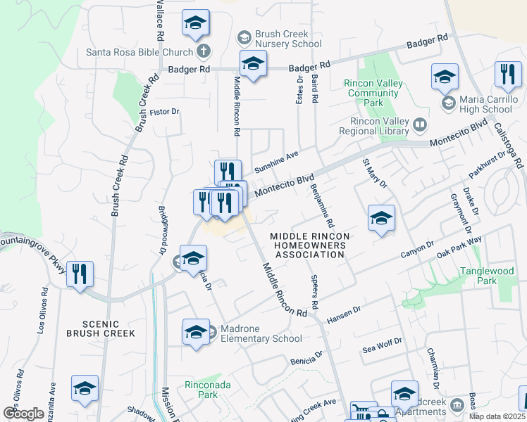 map of restaurants, bars, coffee shops, grocery stores, and more near 43 Redwood Court in Santa Rosa
