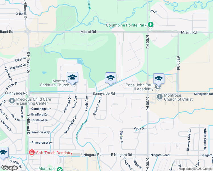 map of restaurants, bars, coffee shops, grocery stores, and more near Columbine East Park Trail in Montrose