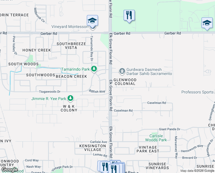 map of restaurants, bars, coffee shops, grocery stores, and more near 8880 Billfish Way in Sacramento