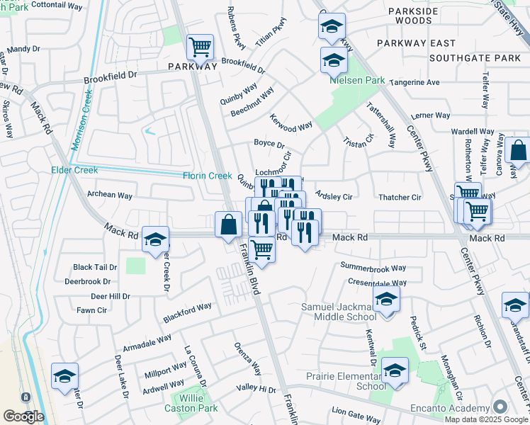 map of restaurants, bars, coffee shops, grocery stores, and more near 4561 Mack Road in Sacramento