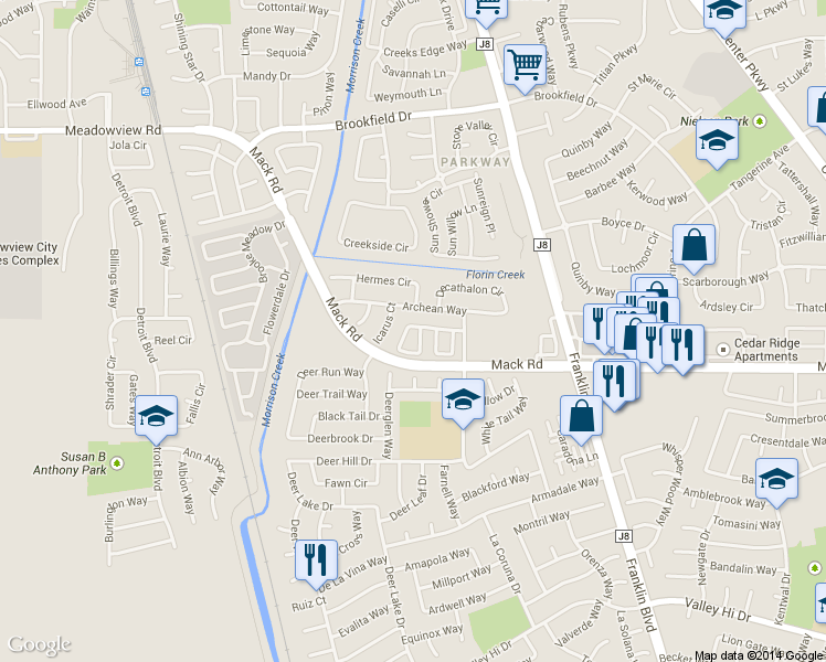 map of restaurants, bars, coffee shops, grocery stores, and more near 261 Summer Stroll Circle in Sacramento