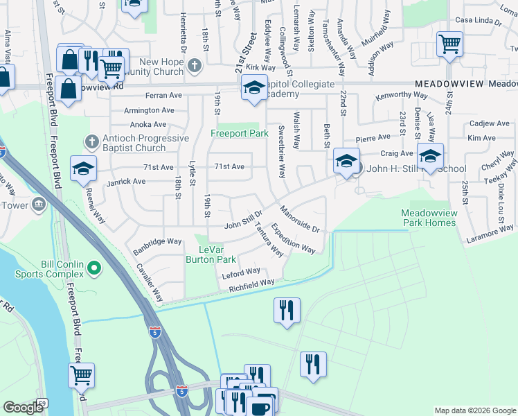 map of restaurants, bars, coffee shops, grocery stores, and more near 5 Maccan Court in Sacramento