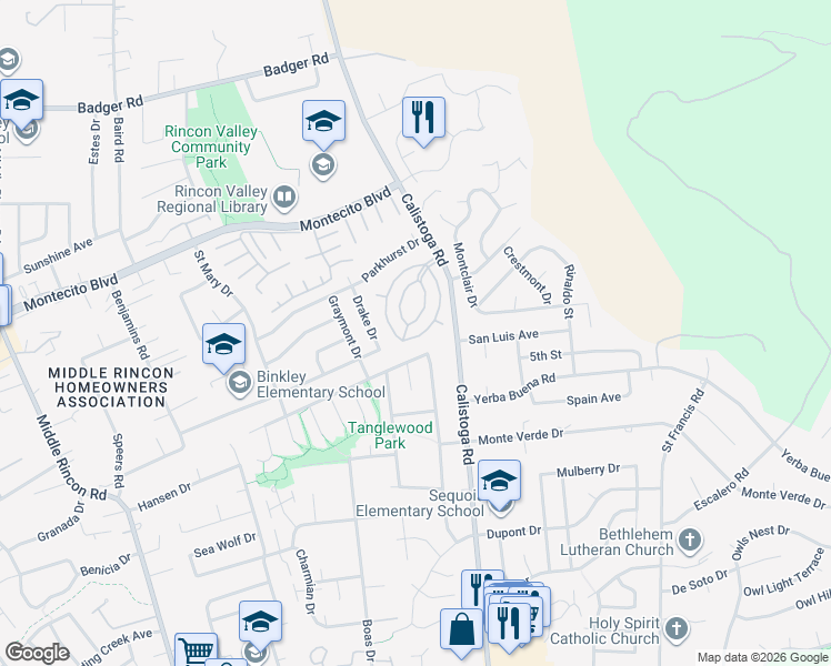 map of restaurants, bars, coffee shops, grocery stores, and more near 81 Coronado Circle in Santa Rosa
