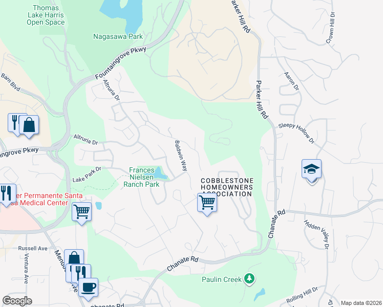 map of restaurants, bars, coffee shops, grocery stores, and more near 3573 Kelsey Knolls in Santa Rosa