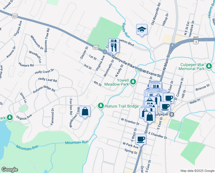 map of restaurants, bars, coffee shops, grocery stores, and more near 504 4th Street in Culpeper