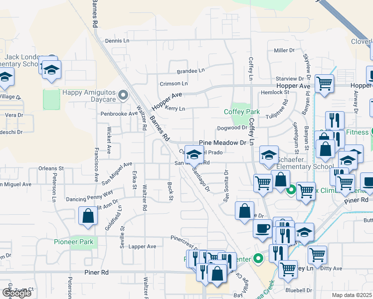 map of restaurants, bars, coffee shops, grocery stores, and more near 2009 Camino Del Prado in Santa Rosa