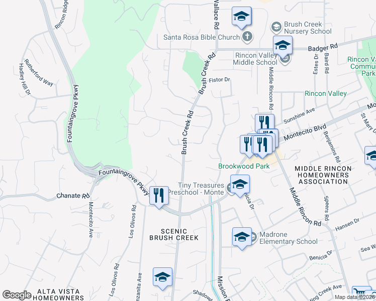 map of restaurants, bars, coffee shops, grocery stores, and more near 2674 Brush Creek Road in Santa Rosa
