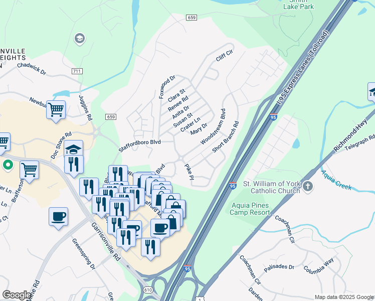 map of restaurants, bars, coffee shops, grocery stores, and more near 35 Allegheny Drive in Stafford