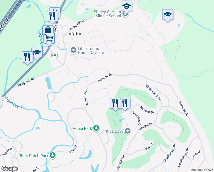 map of restaurants, bars, coffee shops, grocery stores, and more near 2027 Admiral Drive in Stafford