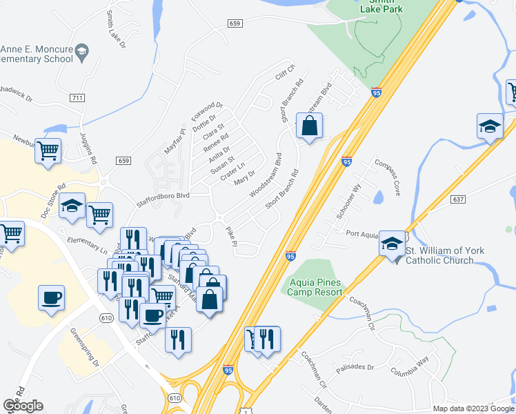 map of restaurants, bars, coffee shops, grocery stores, and more near 33 Short Branch Road in Stafford
