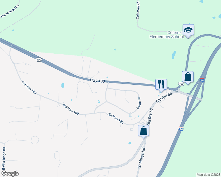 map of restaurants, bars, coffee shops, grocery stores, and more near 112 Baker Street in Villa Ridge