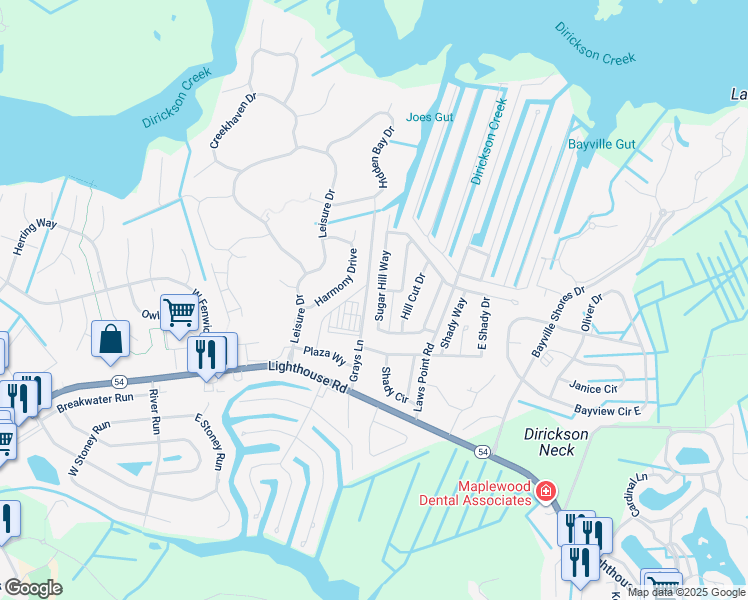 map of restaurants, bars, coffee shops, grocery stores, and more near 37238 Sugar Hill Way in Selbyville