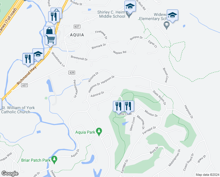 map of restaurants, bars, coffee shops, grocery stores, and more near 2027 Admiral Drive in Stafford