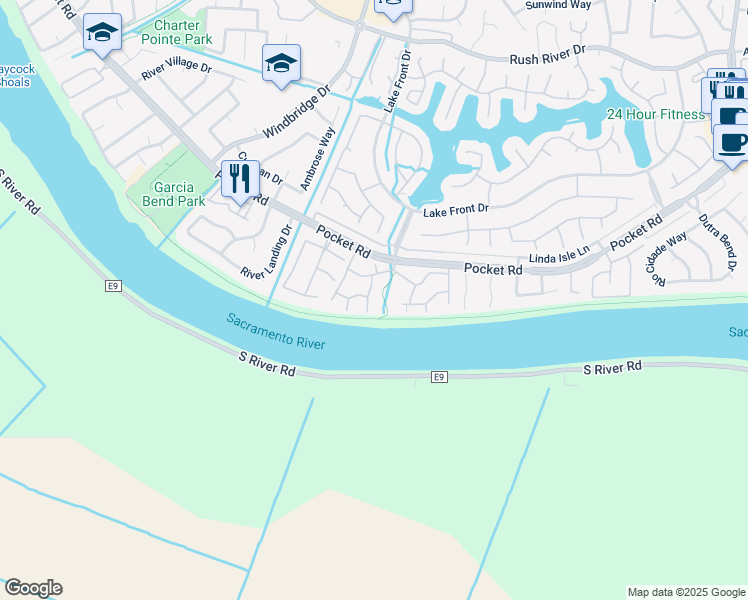 map of restaurants, bars, coffee shops, grocery stores, and more near 7972 Pocket Road in Sacramento
