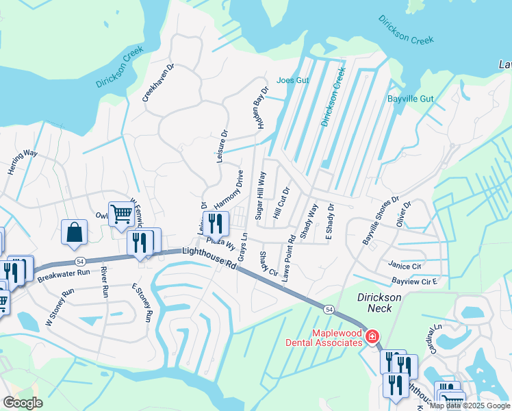map of restaurants, bars, coffee shops, grocery stores, and more near 37238 Sugar Hill Way in Selbyville
