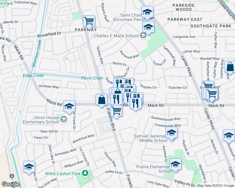 map of restaurants, bars, coffee shops, grocery stores, and more near 4551 Mack Road in Sacramento