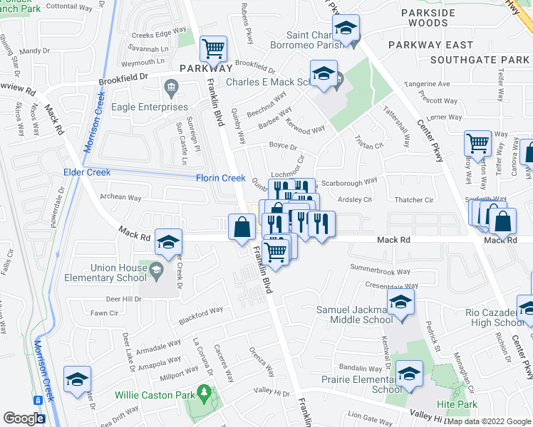 map of restaurants, bars, coffee shops, grocery stores, and more near 4551 Mack Road in Sacramento