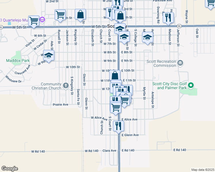map of restaurants, bars, coffee shops, grocery stores, and more near 1200-1232 South Court Street in Scott City
