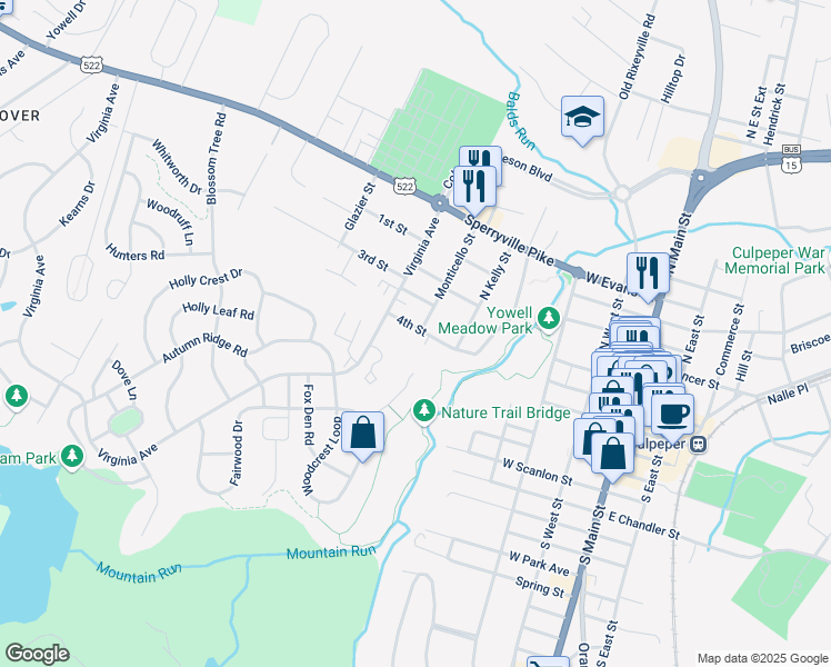 map of restaurants, bars, coffee shops, grocery stores, and more near 605 4th Street in Culpeper