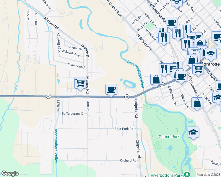 map of restaurants, bars, coffee shops, grocery stores, and more near 755 Spring Creek Road in Montrose