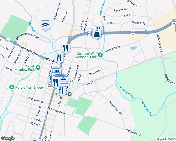 map of restaurants, bars, coffee shops, grocery stores, and more near 601 East Piedmont Street in Culpeper