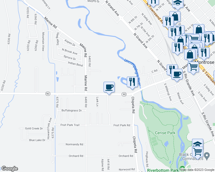 map of restaurants, bars, coffee shops, grocery stores, and more near 755 Spring Creek Road in Montrose