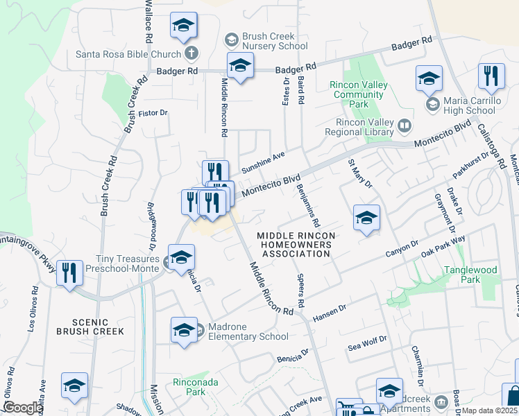 map of restaurants, bars, coffee shops, grocery stores, and more near 55 Redwood Court in Santa Rosa